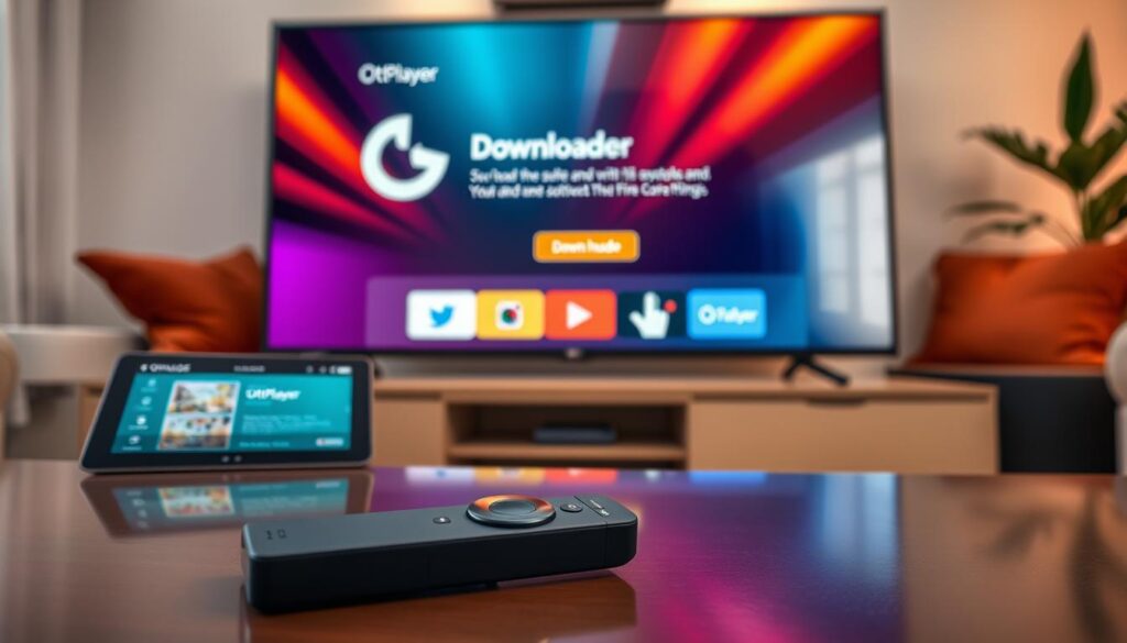A close-up view of a modern television screen displaying the interface of the Downloader app on a FireStick, set in a cozy living room environment. In the foreground, there is a sleek remote control resting on a polished coffee table, alongside a tablet showing a guide for downloading apps. The middle layer includes the TV with vibrant colors highlighting the Downloader app, showcasing an install button for OttPlayer. In the background, soft ambient lighting creates a relaxed atmosphere, enhanced by warm-toned decor such as cushions and a plant. The scene captures a sense of ease and accessibility, portraying a technological yet inviting home setup. The angle is slightly tilted to emphasize both the TV screen and the remote, conveying a user-friendly perspective.