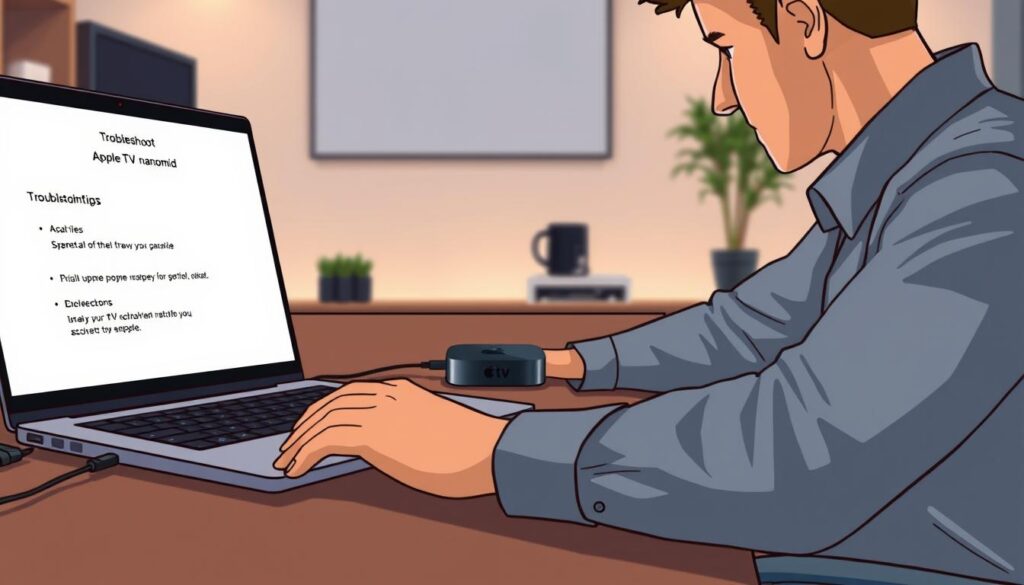A close-up view of a person troubleshooting an Apple TV nanomid installation, sitting at a stylish, modern desk. The foreground features a laptop screen displaying troubleshooting tips, while the person, dressed in professional business attire, is engaged and focused on the task. In the middle, a sleek Apple TV device is prominently visible, with cables and connections subtly arranged. The background includes soft ambient lighting, with minimalistic decor highlighting a tech-savvy environment. The atmosphere is calm and efficient, instilling a sense of professionalism and diligence, with shadows softly cast to emphasize the scene's depth. The angle is slightly overhead, capturing the tools and resources laid out for effective troubleshooting.