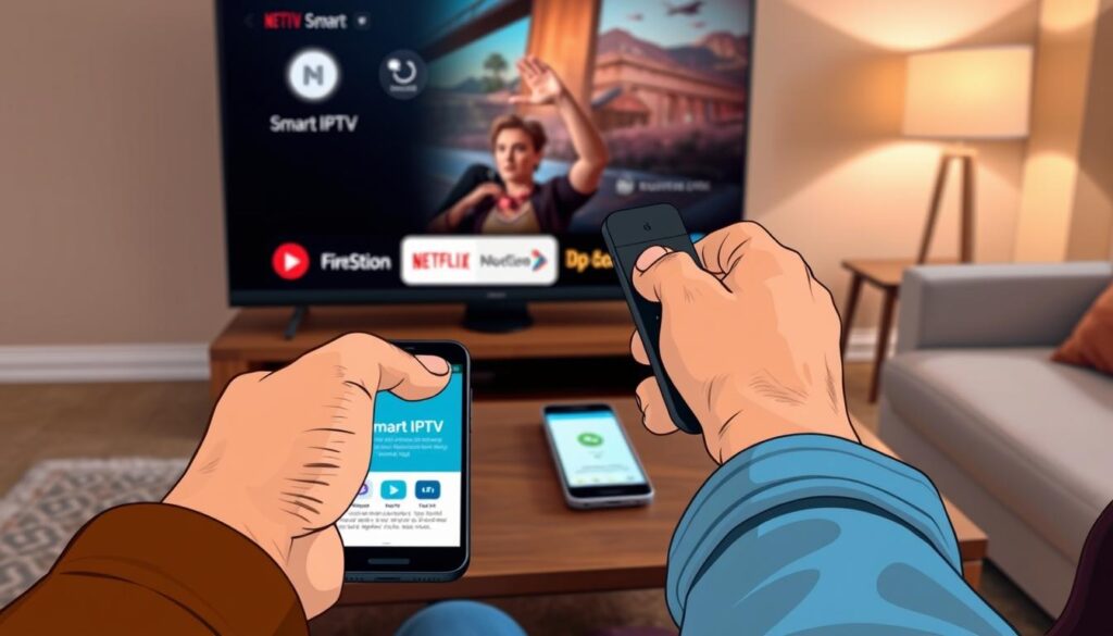 A close-up view of a television screen displaying the Smart IPTV interface on a sleek Firestick device, positioned at the bottom edge of the screen. The foreground features a person's hand, gently holding the remote control with a focused expression, wearing casual but tidy clothing. In the middle, include a coffee table with a smartphone displaying a guide for installation next to the remote. The background shows a cozy living room with soft lighting from a lamp, enhancing a warm atmosphere. The scene is captured from a slightly elevated angle, emphasizing the installation process and inviting the viewer to explore the content.
