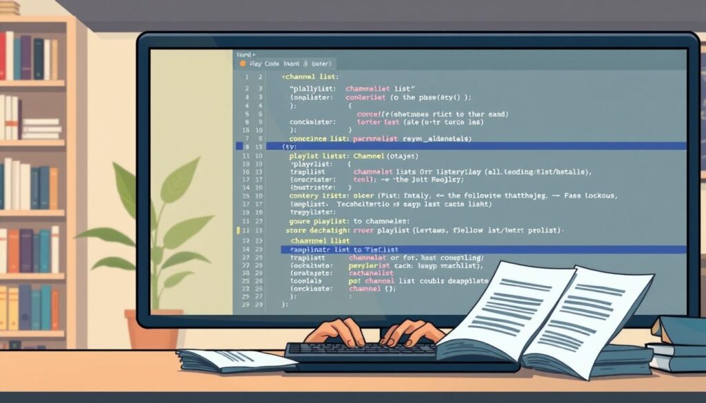 A computer screen displaying an XML code editor with visible elements of a playlist and channel list configuration. In the foreground, a programmer, dressed in a smart casual outfit, intently examines the code, typing on a keyboard, surrounded by a few printed documents of channel lists. The middle layer features a clear view of the code structure, highlighting tags like `<playlist>` and `<channel>`. In the background, a softly lit room with shelves filled with tech books and a potted plant adds a warm ambiance. The overall mood is focused and professional, with a warm color palette and soft, diffused lighting that creates an inviting workspace atmosphere.
