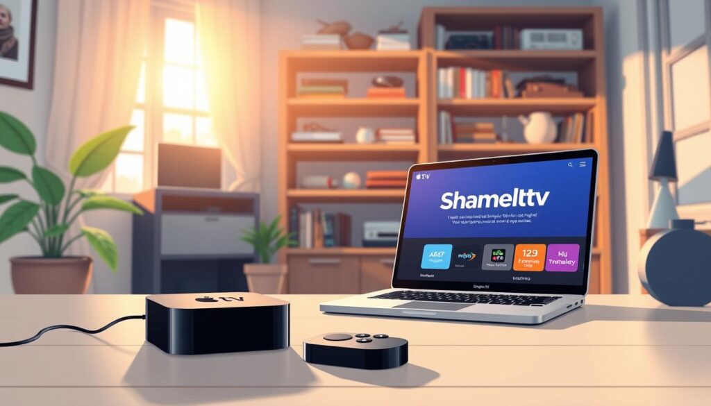 A cozy home office setting illuminated by soft, natural lighting streaming through a large window, creating a warm and inviting atmosphere. In the foreground, a modern Apple TV console with a sleek design is prominently displayed, next to a stylish remote control. Positioned in the middle ground, an open laptop showcases an engaging tutorial on installing Shameltv, with colorful visual aids visible on the screen. In the background, neatly organized shelves filled with tech gadgets and books add depth. A potted plant adds a touch of freshness and life to the scene. The overall mood is informative yet relaxed, emphasizing a user-friendly and professional approach to tech setup.