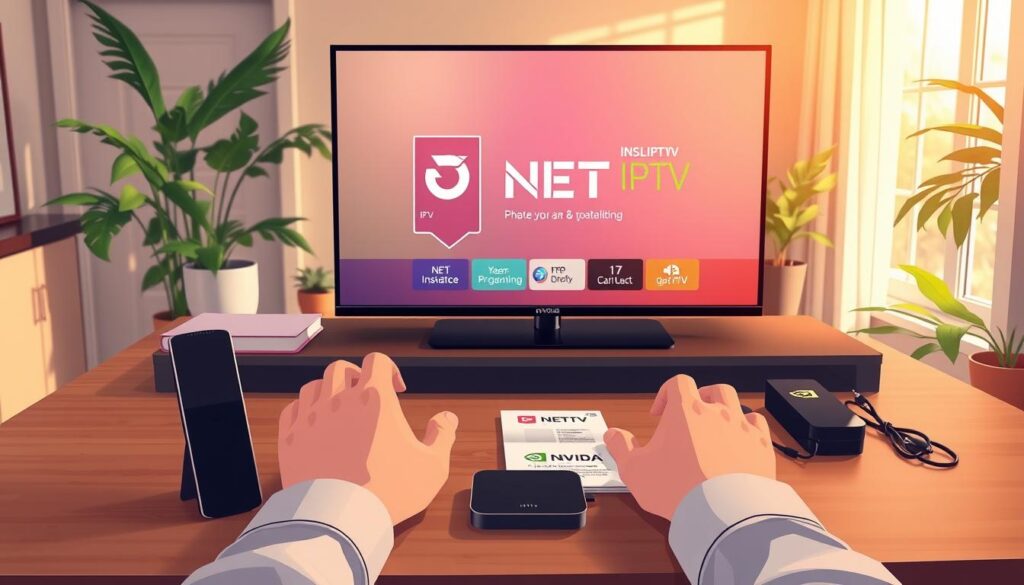 A cozy home office setup featuring a modern Nvidia Shield streaming device prominently displayed on a sleek, wooden desk. In the foreground, a pair of hands is shown carefully navigating the IPTV installation process on a vibrant screen displaying the NET IPTV interface. The middle section highlights a well-organized workspace with essential tools, including wires and a user manual, suggesting a methodical approach to the installation. The background includes a softly lit room with plants and a window allowing natural light, creating a relaxed atmosphere. The scene should project focus, clarity, and a sense of accomplishment, with a clean and polished aesthetic. The lighting is warm, enhancing the inviting mood of the space, captured at a slightly angled perspective to add depth.