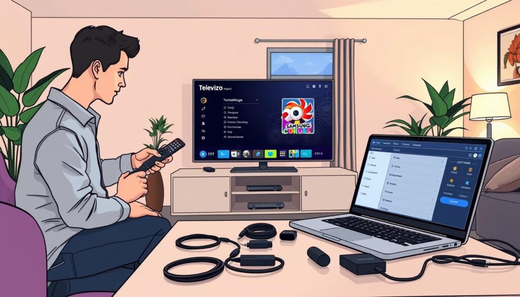 A cozy living room featuring a Samsung smart TV displaying the Televizo IPTV Player interface. In the foreground, a professional technician in casual attire is troubleshooting an issue on the TV, focused on a remote control in hand. The middle ground showcases a modern coffee table with a laptop open, displaying an IPTV settings menu, alongside various cables and tools neatly arranged. In the background, soft ambient lighting creates a warm and inviting atmosphere, with a window showing evening light filtering in. The room is decorated with plants and contemporary furniture, suggesting a comfortable home environment. The mood is calm and solution-oriented, capturing the essence of installation troubleshooting.
