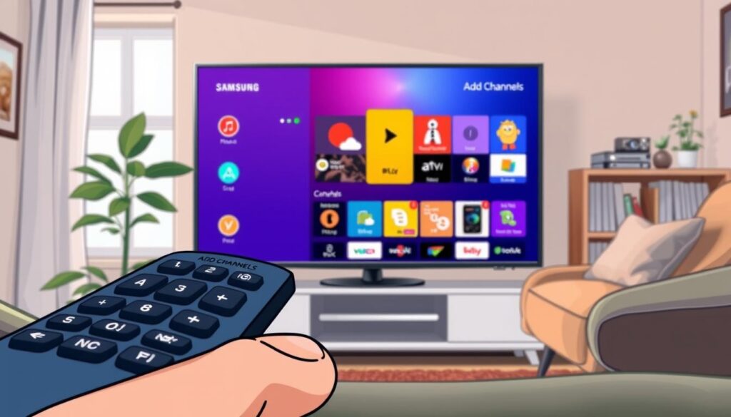 A cozy living room scene featuring a Samsung smart TV displaying a vibrant interface for adding channels and downloading content. In the foreground, a close-up of a remote control with highlighted buttons for navigation. The middle shows the TV itself, showcasing a user-friendly menu with colorful icons representing various streaming services and channels. In the background, a modern bookshelf with technology magazines and a plant adds a touch of warmth. Soft, natural lighting filters through a nearby window, creating an inviting atmosphere. The image captures a sense of exploration and convenience, inviting viewers to consider the benefits of customizing their viewing experience. No text or branding is included.