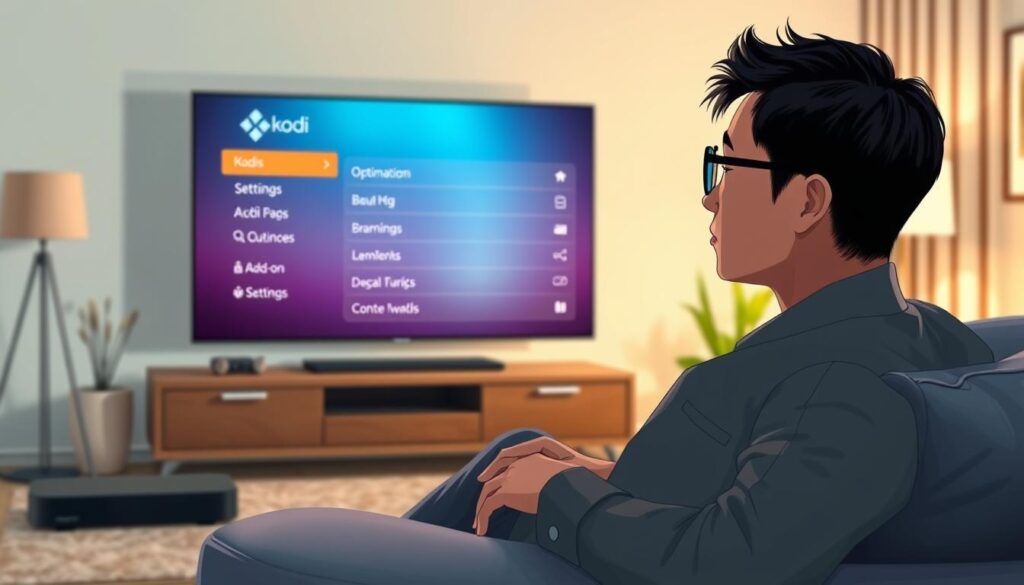 A cozy living room scene featuring a modern TV setup with a stylish streaming device, emphasizing the Kodi interface on the screen. In the foreground, show an individual of Southeast Asian descent seated comfortably on a plush sofa, dressed in smart casual attire, focused on the TV. The middle layer highlights the glowing screen displaying the Kodi settings menu, showcasing optimization options and add-on settings in a user-friendly layout. The background reveals a well-lit room with soft natural light filtering through a window, creating an inviting atmosphere. The framing captures the individual engaged in the experience, with a slight focus blur on the background, enhancing the feeling of concentration and immersion.