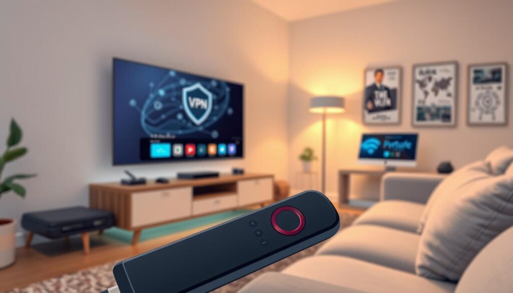 A cozy living room setting featuring a modern TV stand showcasing a Firestick connected to a large flat-screen TV. In the foreground, a sleek computer and smartphone are visible, emphasizing a digital VPN interface. The middle ground includes a soft couch and a warm light illuminating the space, enhancing the sense of security. The background reveals a subtly decorated wall with tech-related artwork, suggesting the importance of cybersecurity. The atmosphere is inviting yet tech-savvy, evoking a feeling of safety and privacy. Soft, diffused lighting creates a relaxed vibe, while a slightly elevated angle captures the entire scene, ensuring a clear view of the key elements without cluttering the composition.