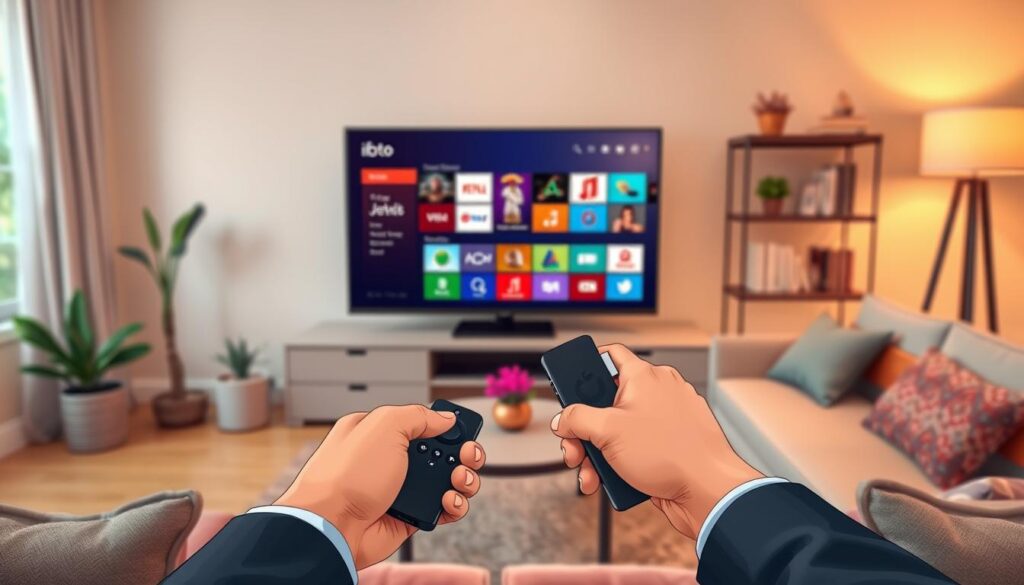 A cozy living room setting featuring a stylish television stand with a sleek Amazon Fire Stick prominently displayed. In the foreground, two hands, dressed in professional attire, are holding a remote control and navigating the ibo player interface on the TV screen, which shows a vibrant and colorful grid of app icons. The middle ground includes a comfortable sofa with decorative pillows, a small coffee table, and warm ambient lighting creating a welcoming atmosphere. In the background, soft-focus shelves filled with books and plants add to the relaxed vibe. The scene is captured with a slight overhead angle, emphasizing the interaction with the Fire Stick while conveying a sense of ease and excitement about installing new applications.