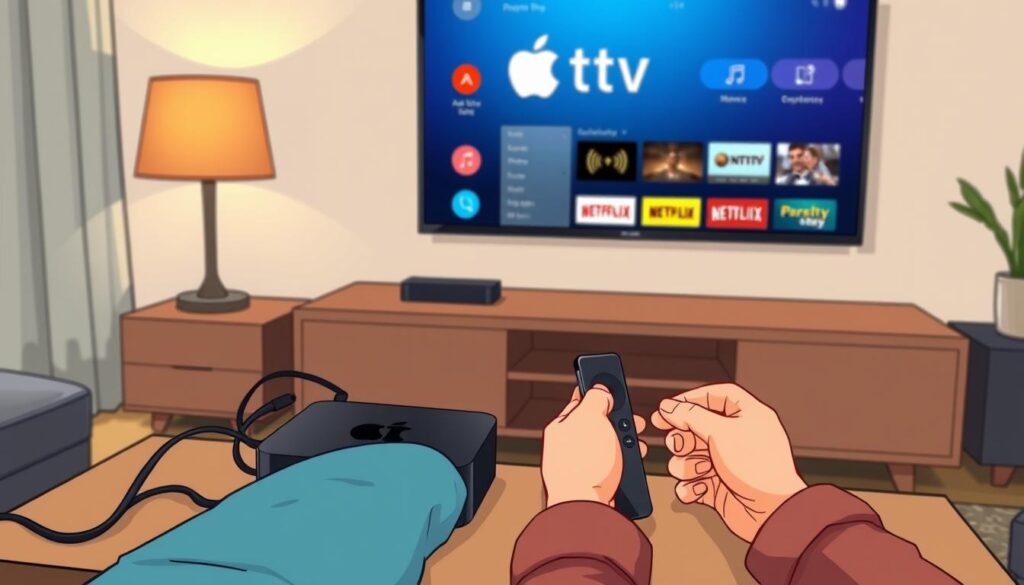 A cozy living room setting with a modern television mounted on the wall. In the foreground, an Android TV box is elegantly placed on a stylish media console, with cables neatly organized. A pair of hands, wearing casual attire, is shown connecting the Android box to the HDMI port of the TV. The middle ground features a sleek remote control alongside the box, hinting at the installation process. In the background, a warm lamp casts soft light, creating a welcoming atmosphere. The lens captures the scene from a slightly elevated angle, highlighting the details of the Android box as well as the television screen displaying the Apple TV interface. The overall mood is informative and friendly, perfect for a tech guide.