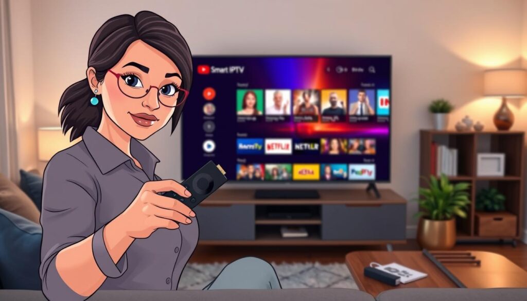 A cozy living room setup featuring a Smart TV displaying the Smart IPTV application interface. In the foreground, a woman in professional casual attire is attentively using a Firestick remote, with a look of focus and determination on her face. The middle ground showcases the Smart TV, prominently displaying the Smart IPTV app with vibrant, colorful graphics. On a nearby side table, visual components like an HDMI cable and a user manual can be seen, adding depth to the scene. The background features soft ambient lighting that creates a welcoming atmosphere, with subtle hints of decorative elements like plants and bookshelves. The composition is well-lit, capturing a clear, inviting perspective at eye level.