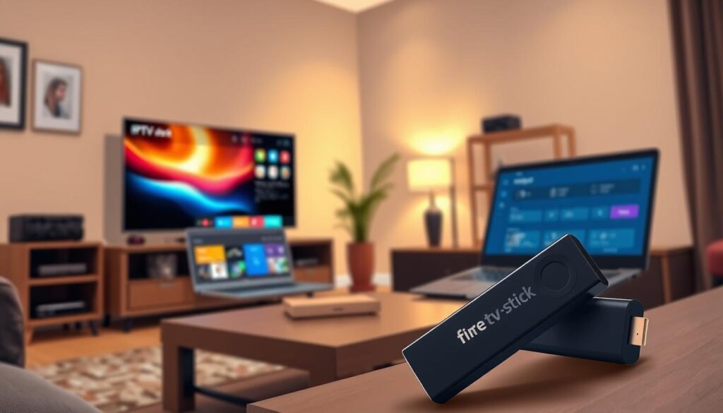 A cozy living room with a modern entertainment setup featuring a TV displaying a vibrant IPTV interface. In the foreground, a sleek Amazon Fire TV Stick is plugged into the HDMI port, showcasing its compact design and branding. The middle ground includes a stylish coffee table with an open laptop displaying IPTV settings, emphasizing technology and optimization. Behind, soft ambient lighting creates a warm atmosphere, highlighting a neatly arranged shelf with streaming devices. The cozy room evokes a feeling of relaxation and enjoyment, aiming to maximize the viewing experience. Capture the scene from a slightly elevated angle, focusing on both the Fire TV Stick and the IPTV interface for clarity and engagement.