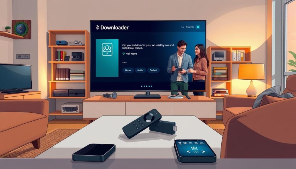 A cozy, modern living room setting featuring a TV displaying the Downloader application interface actively in use on an Amazon Fire Stick. In the foreground, a sleek remote control is positioned on a stylish coffee table, and a smartphone with a connection icon is nearby. In the middle, a diverse group of three individuals—two men and one woman—dressed in smart casual attire, discuss and assist each other with the installation, conveying teamwork. Soft, warm lighting creates an inviting atmosphere, enhancing the scene's focus on technology and collaboration. The background showcases shelves filled with tech gadgets and books, suggesting a tech-savvy environment. The angle captures the excitement and anticipation of the activation process without distractions or overlays.