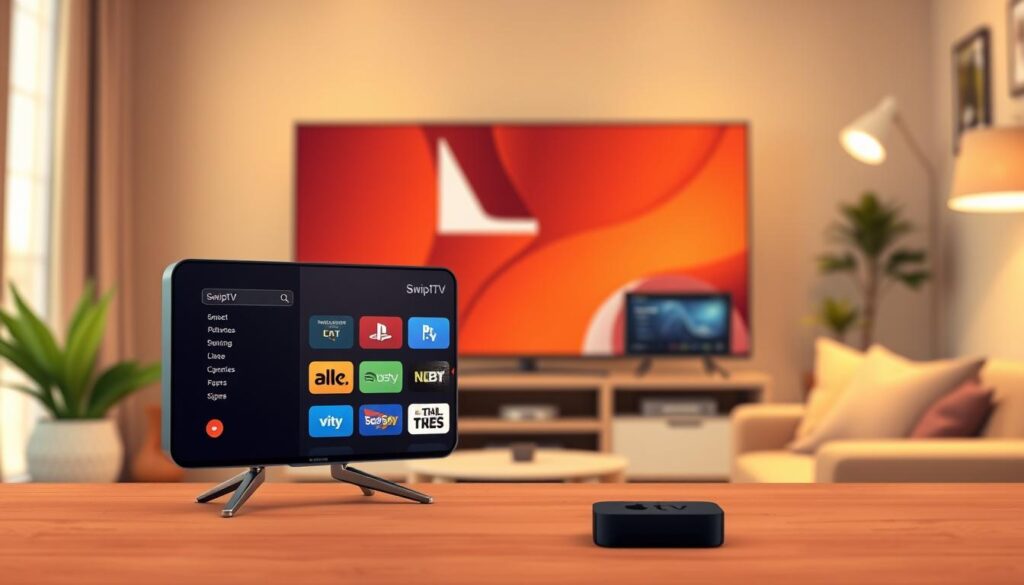 A detailed Apple TV interface featuring the SwipTV app displayed prominently in the foreground, showcasing the app's sleek design on a vibrant screen. In the middle, a cozy living room setting with modern decor, including a comfortable couch and soft lighting, creates a welcoming atmosphere. The background includes a TV stand with a decorative plant and entertainment gadgets, softening the tech vibe with homey touches. Warm, ambient lighting ensures a pleasant and inviting mood, enhancing the focus on the device. The image should be captured from a slightly elevated angle, giving a clear view of both the TV screen and the living room context. The overall composition should convey the ease of using IPTV applications on Apple TV.