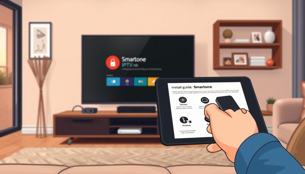 A detailed and informative scene depicting the "Smartone IPTV asennusopas" installation guide for a Firestick. The foreground features a sleek, modern living room with a stylish TV unit showcasing the Firestick plugged into a television. A close-up of a user’s hands is seen holding a remote, navigating through the Smartone interface. In the middle ground, an open tablet displays the Smartone installation guide, with clear, step-by-step visuals. The background features a cozy ambiance with soft lighting, warm tones, and decorative elements that evoke a relaxed home environment. Utilize a shallow depth of field to keep the focus on the installation process, while creating a welcoming atmosphere that invites viewers to engage with the content. No text, logos, or watermarks should be included, maintaining a clean and professional aesthetic.