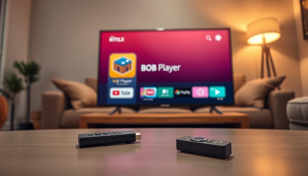 A detailed close-up view of a TV screen displaying the BOB Player interface on an Amazon Firestick, set in a cozy living room environment. The foreground features a stylish, modern coffee table with a remote control and a smartphone, both highlighting tech elements. In the middle, the TV prominently showcases the BOB Player app icon, which is vibrant and colorful. The background contains soft lighting from a floor lamp, creating a warm and inviting atmosphere, and a comfortable couch is slightly blurred to keep the focus on the screen. The image captures a sense of home entertainment, with a cinematic angle that emphasizes the connection between technology and relaxation.
