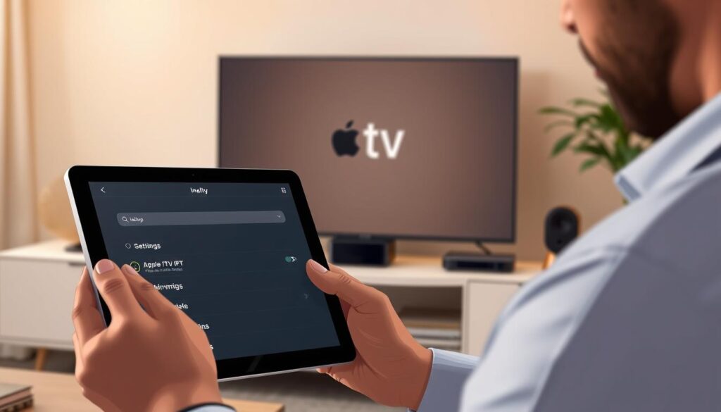 A detailed, close-up view of a sleek, modern Apple TV interface displaying IPTV configuration settings. In the foreground, a user is focused on a tablet with a stylish design, navigating through the setup options. The middle ground features the Apple TV prominently displayed on a contemporary entertainment center, surrounded by smart home devices. The background includes soft, warm ambient lighting that creates a cozy home atmosphere, with gentle shadows highlighting the sleek surfaces. The overall mood is professional yet inviting, suggesting ease of use and clarity in technology. The image should capture the intersection of technology and comfort, ideal for a tech-savvy home.