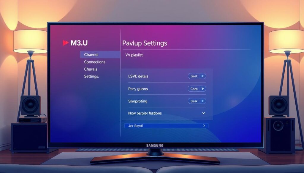 A detailed digital illustration of an M3U playlist settings interface, showcasing a sleek user interface on a Samsung Smart TV screen. The foreground features a realistic TV set with vibrant graphics displayed, highlighting the M3U playlist options, channel connections, and additional settings. The middle layer includes a comfortable living room setup with a modern coffee table and ambient lighting to create a cozy atmosphere. In the background, subtle hints of technology like a gaming console and decorative items enhance the scene without distraction. The lighting is soft and warm, emanating from stylish floor lamps. The viewpoint is slightly angled, mimicking a user's perspective while sitting on a couch. The overall mood is inviting and engaging, capturing the essence of modern home entertainment.