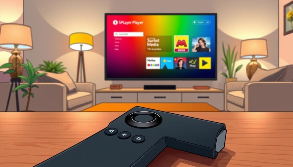 A detailed illustration depicting the installation process of 5KPlayer on a Fire Stick device. In the foreground, a close-up view of a sleek, modern remote control with key elements clearly visible, such as the home button and navigation arrows, resting on a wooden table. In the middle ground, a television screen displaying a vibrant, colorful 5KPlayer interface, showcasing various media options and a progress bar indicating installation. The background features a cozy living room setup, with soft ambient lighting from stylish lamps, a sofa, and decorative plants. The overall atmosphere is warm and inviting, emphasizing a seamless home entertainment experience. The image should capture a sense of technology and ease, without any text or branding elements.