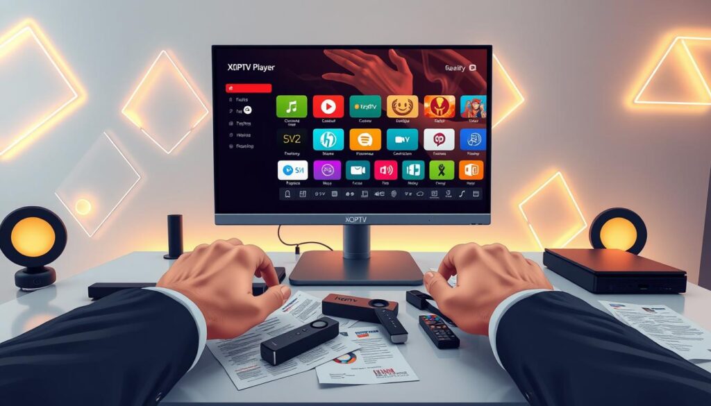A detailed, modern digital workspace featuring a sleek computer screen displaying the XCIPTV Player interface filled with vibrant icons representing various IPTV features. The foreground includes a pair of hands navigating the interface, shown in professional business attire. In the middle, a contemporary desk cluttered with devices like a Firestick, remote control, and subscription papers, signifying the comparative aspect of IPTV applications. The background features soft ambient lighting that creates a tech-savvy atmosphere, with abstract geometric shapes subtly illuminated. Use a wide-angle lens to capture the entire layout, giving a polished, professional look that emphasizes functionality and ease of use in IPTV applications.