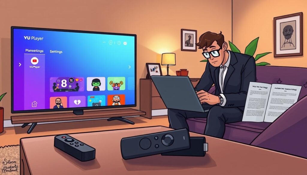 A detailed scene illustrating the configuration settings for the VU Player on a Fire Stick. In the foreground, a sleek, modern living room setup is shown, featuring a large flat-screen TV displaying the VU Player interface with vibrant colors and clear navigation options. A remote control lies on a minimalist coffee table, with a soft glow reflecting from a nearby lamp. In the middle ground, a focused individual in smart casual attire is intently configuring the settings, with their laptop open beside them, showing relevant online support articles. The background features a cozy environment with warm lighting, framed pictures on the wall, and a faint hint of greenery from a nearby potted plant. The mood is focused and productive, conveying the ease and clarity of setting up the VU Player.