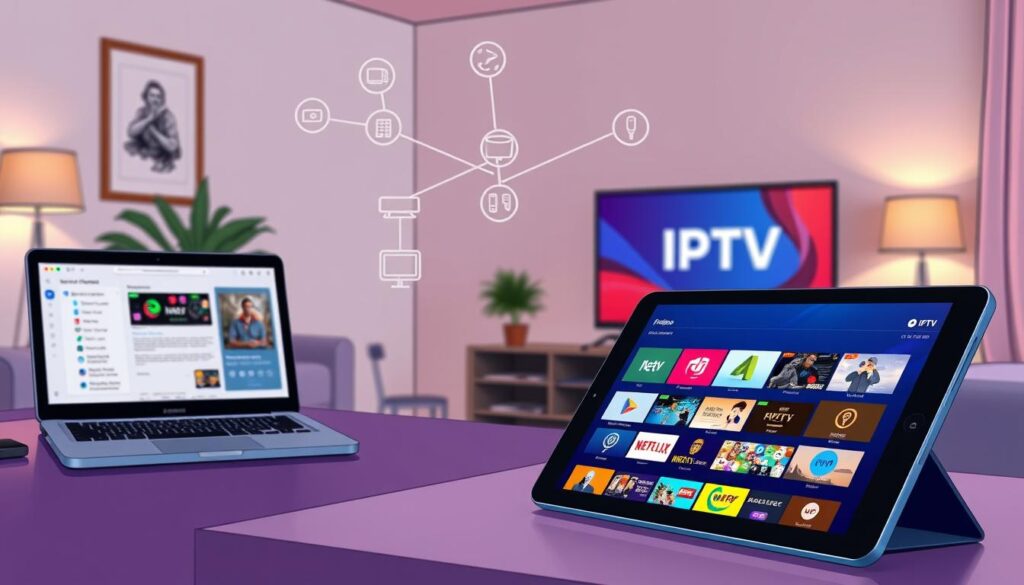A detailed, vibrant illustration of IPTV service providers and subscription details. In the foreground, a sleek, modern tablet displays a colorful interface of various IPTV channels, featuring bright thumbnails of content. To the left, a laptop sits on a professional desk, with streaming analytics and subscription options open. The middle ground shows a clear network diagram illustrating connections between different IPTV providers with symbols representing various devices like smart TVs and streaming sticks. In the background, there are soft-focus elements of a cozy living room setting with a television displaying an IPTV logo, bathed in warm, inviting lighting. The atmosphere conveys a sense of modernity and ease of use, with muted colors and a focus on tech-savvy home entertainment.