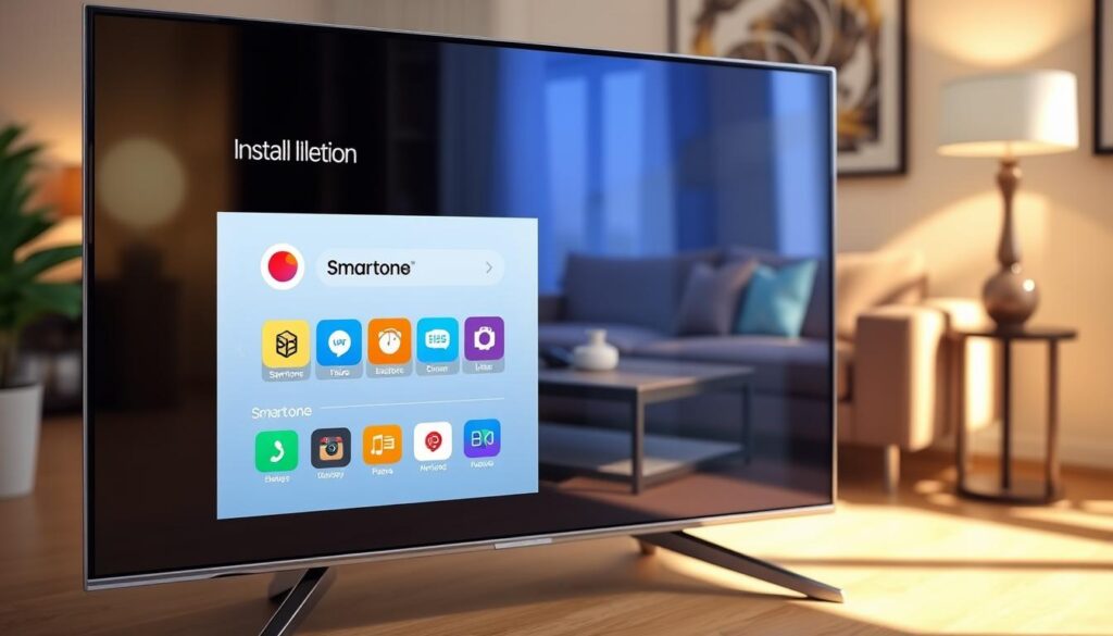 A detailed view of a Samsung Smart TV screen displaying the installation interface for the Smartone app. In the foreground, the TV is sleek and modern, with a slight reflection showcasing a well-lit living room. The screen shows a vivid, user-friendly app installation menu with colorful icons, highlighting the Smartone app prominently. The middle layer features a stylish coffee table with a remote control and a cozy couch adorned with decorative pillows. In the background, soft lighting complements the warm atmosphere of the room, while subtle shadows create depth. The image captures a welcoming, tech-savvy environment, inviting viewers to explore the setup process of the Smartone application on their Samsung Smart TV.