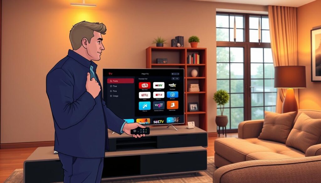 A modern Apple TV set up in a stylish living room, prominently displayed on a sleek entertainment unit. In the foreground, a user is thoughtfully interacting with the Apple TV remote, dressed in smart casual attire, showcasing a focused expression. The middle of the image features the Apple TV interface, filled with colorful icons for streaming apps, highlighting the Set IPTV installation process. Soft, warm lighting emanates from sophisticated lamps, creating an inviting atmosphere. In the background, a plush couch and decorative bookshelf add depth, while a large window lets in natural sunlight, enhancing the cozy mood. The angle captures a slightly elevated view, giving a comprehensive sense of the space.