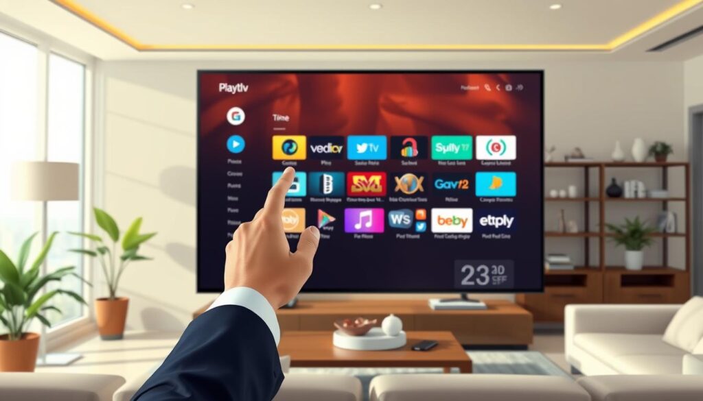 A modern digital landscape representing smart IPTV playlist management. In the foreground, a sleek, user-friendly interface on a large screen displays vibrant channel icons and playlist options in an organized manner. A hand, dressed in professional attire, is poised to select a channel, indicating interaction with the system. In the middle ground, an elegant home setting with soft lighting creates a warm atmosphere, subtly hinting at technology within a cozy living room. The background features a stylish bookshelf and modern decor elements, enhancing the tech-savvy yet homely vibe. The overall image conveys a sense of ease and sophistication in managing IPTV options, inviting viewers into the smart entertainment experience.