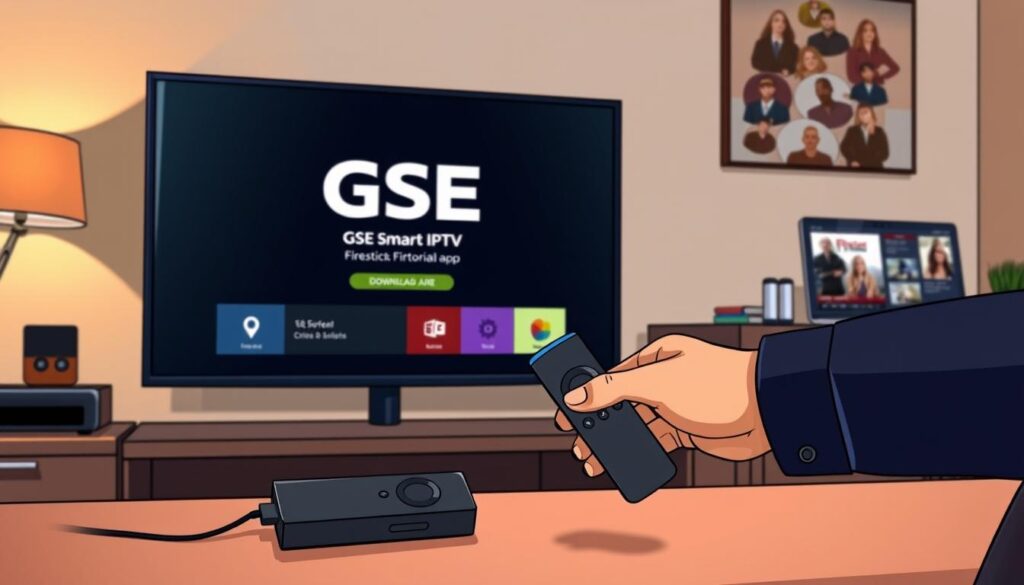 A modern digital workspace depicting the installation process of GSE Smart IPTV on a Firestick using the Downloader app. In the foreground, a sleek, smart television displays the Downloader app interface, showcasing the GSE Smart IPTV logo and progress bar for downloading. The middle ground features a stylish remote control and a Firestick plugged into an HDMI port of the TV, with a hand (dressed in professional attire) interacting with the remote. The background should include a well-organized desk with a laptop showing related tutorial content and a cozy living room atmosphere, accentuated by warm lighting. The overall mood is focused and instructional, highlighting technology and ease of use. Capture this scene from a slightly elevated angle to emphasize the tech setup.