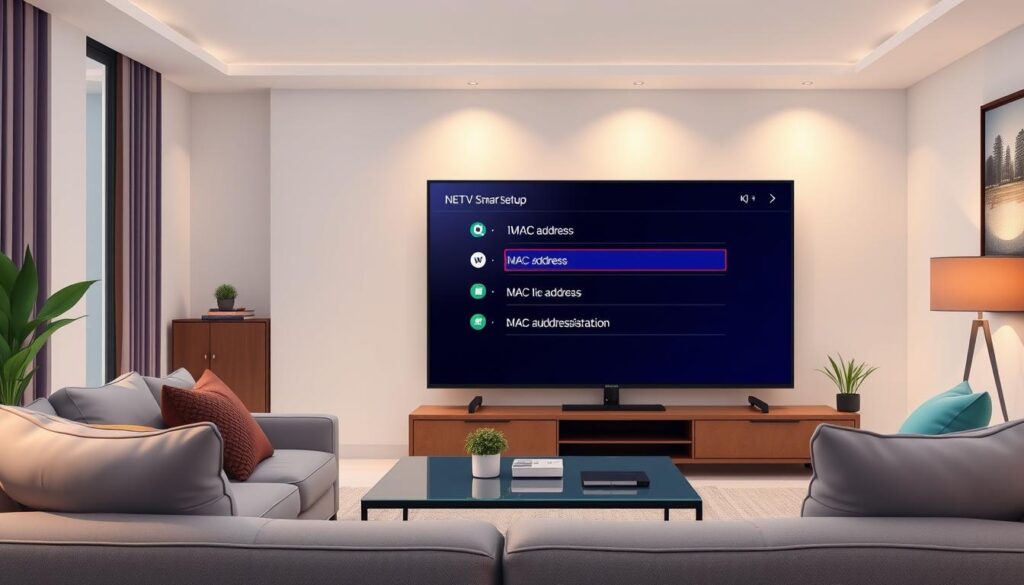 A modern home interior featuring a Samsung Smart TV displaying an interface for NET IPTV setup, prominently highlighting the MAC address registration section. In the foreground, a clean and stylish living room setup with a comfortable sofa, a sleek coffee table, and minimalist decor. The middle ground includes the TV screen, showing a clear and user-friendly menu with options for MAC address input, labeled with colorful icons for easy navigation. The background features soft ambient lighting, emphasizing a cozy and tech-savvy atmosphere, with subtle reflections on the TV screen. The scene is captured from an eye-level angle, focusing on the TV, while ensuring the space feels inviting and modern.