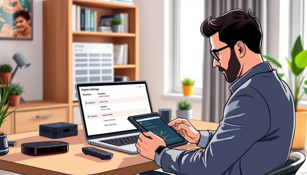 A modern home office setting, featuring a sleek computer desk with a high-quality laptop displaying a playlist configuration interface on the screen. In the foreground, a professional in smart casual attire is intently using a tablet, showcasing the act of configuring IPTV playlist settings. The middle ground includes vibrant tech gadgets like a remote control and streaming device, subtly hinting at the IPTV theme. In the background, a cozy bookshelf filled with tech manuals and a potted plant adds warmth to the scene. Soft, natural light filters in through a window, creating a welcoming and productive atmosphere, while a shallow depth of field focuses on the task at hand, emphasizing the configuration process.