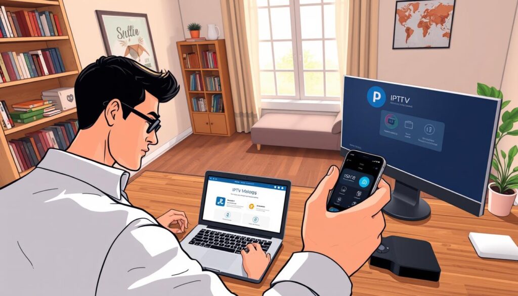 A modern home office setting showcasing the process of downloading and installing an IPTV application on a smartphone or Firestick device. In the foreground, a person in smart casual attire is focused on their device, with clear visual cues of the IPTV application interface displayed on the screen. In the middle, there is a sleek laptop open with related installation steps visible. The background features a cozy, well-lit room with bookshelves and a large window letting in natural light, giving a warm and inviting atmosphere. The angle captures the scene from a slight overhead perspective, emphasizing the interaction between the user and the technology. The overall mood is one of productivity and clarity, reflecting the steps of the IPTV installation process.