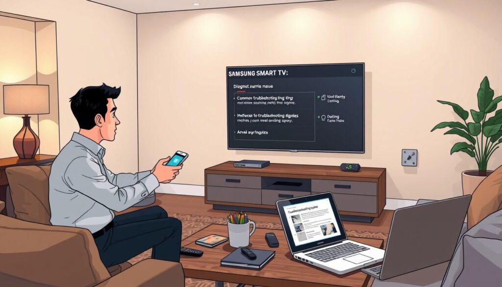 A modern living room featuring a Samsung Smart TV displaying a diagnostic menu, illustrating common troubleshooting issues. In the foreground, a professional in business casual attire examines the TV, using a smartphone for assistance. The middle ground showcases a stylish coffee table with remote controls and a laptop open to a troubleshooting guide. The background reveals cozy home decor with soft lighting, creating a warm atmosphere. The scene is shot from a slightly high angle to capture both the TV and the person’s engagement with the device. The overall mood is focused and informative, emphasizing problem-solving and technology.