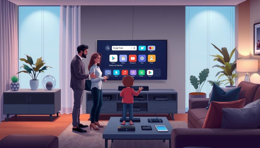 A modern living room featuring a Samsung Smart TV prominently displayed on a sleek media console. In the foreground, a family of three—parents dressed in smart casual attire and a child—are gathered around the TV, engaging with a remote control, showcasing the preparation process. The middle ground includes a cozy sofa and stylish decor, with a coffee table holding a few gadgets like a streaming device and a tablet. The background has soft ambient lighting to create a welcoming atmosphere, with curtains gently diffusing natural light. The overall mood is one of family connection and technological excitement, emphasizing the steps for setting up the Smart TV. The scene is captured from a slight angle, giving depth to the room.