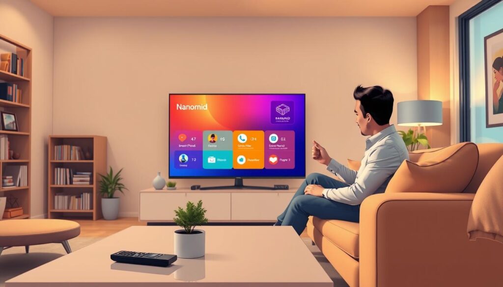A modern living room featuring a Samsung Smart TV prominently displaying the Nanomid interface. In the foreground, a stylish coffee table holds a remote control and a small plant. A person in professional casual attire, such as a collared shirt and jeans, is seated on a comfortable sofa, attentively interacting with the TV. The middle ground captures the vivid colors of the Nanomid interface, emphasizing user-friendly icons and navigation. Soft, warm lighting illuminates the room, creating a cozy atmosphere. The background showcases tasteful decor, including bookshelves and artwork, while a large window allows natural light to filter in, enhancing the inviting mood of the scene. The angle is slightly elevated to capture both the TV interface and the person's engagement.