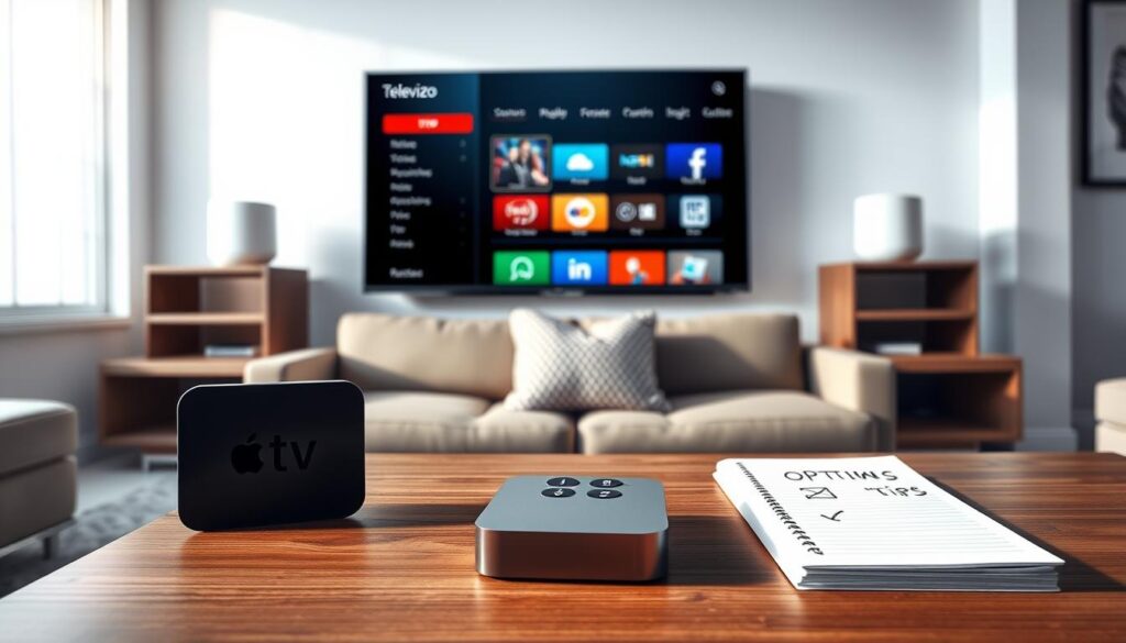 A modern living room featuring a sleek Apple TV prominently displaying the Televizo IPTV Player interface on the screen. In the foreground, a stylish coffee table supports a remote control and a notepad with optimization tips. In the middle, a cozy sofa with a plush throw pillow invites viewers to relax. The background shows a well-lit room with soft, natural daylight streaming in through a window, highlighting the clean lines of contemporary decor. The atmosphere is professional yet inviting, suggesting a productive environment for optimizing the IPTV experience. The lens captures the scene from a slightly elevated angle, creating a dynamic perspective that showcases the integration of technology and comfort.