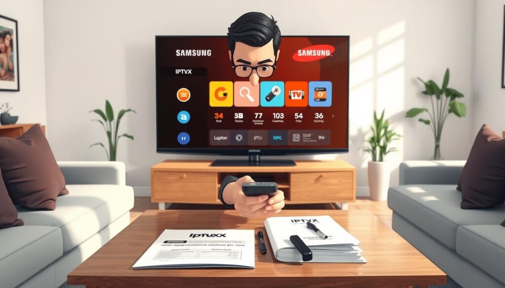 A modern living room featuring a sleek Samsung Smart TV displaying the IPTVX app interface. In the foreground, a professional-looking individual in smart casual clothing is interacting with a remote control, focused and attentive. The middle of the composition shows a stylish coffee table with a user-friendly guidebook and setup tools for IPTVX configuration. Soft, natural light streams in from a nearby window, creating a warm and inviting atmosphere. The background includes a well-decorated room with contemporary furniture and subtle tech elements, enhancing the modern feel. The overall mood is practical and informative, reflecting a troubleshooting and setup scenario for IPTVX. The angle captures both the TV screen and the engaged user, highlighting a seamless integration of technology and home life.
