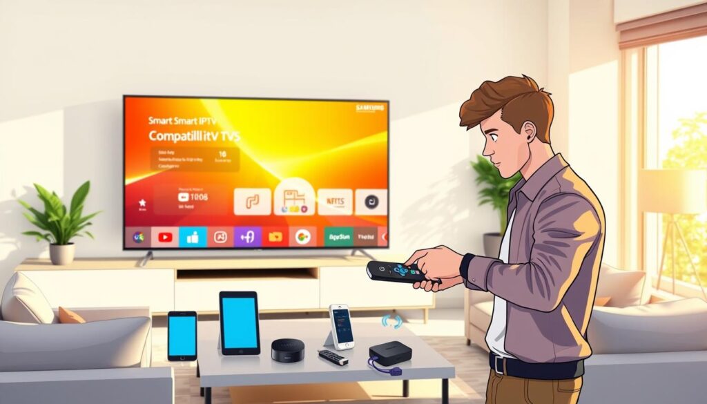 A modern living room featuring a sleek, high-definition Samsung smart TV displaying a vibrant Smart IPTV interface. In the foreground, a young adult dressed in casual, professional attire is engaged in using a remote control, analyzing device compatibility options. The middle ground showcases various smart devices like smartphones, tablets, and streaming devices like a Roku or Amazon Fire Stick, all displaying compatibility icons. Bright, natural light floods the room through large windows, creating a warm and inviting atmosphere. The background includes elegant furniture and minimalistic decor, suggesting a contemporary and tech-friendly ambiance. The overall mood is informative yet relaxed, ideal for understanding tech compatibility.
