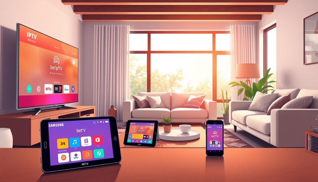 A modern living room scene showcasing various smart devices set up for IPTV streaming. In the foreground, a sleek Samsung smart TV displays the Set IPTV interface, with a colorful, user-friendly on-screen layout. On a stylish coffee table, a tablet and smartphone display the same Set IPTV app, highlighting its versatility across devices. In the middle ground, a comfortable sofa with soft cushions invites relaxation, and a cozy rug adds warmth to the space. The background features a large window with natural light streaming in, creating a bright and welcoming atmosphere. The image should have a warm and inviting vibe, captured with soft lighting, a wide-angle lens, and an inviting composition to emphasize the technological integration in a home setting.