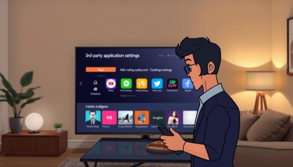 A modern living room setting featuring a sleek Samsung Smart TV displaying the "3rd-party application settings" interface. In the foreground, a person in smart casual attire interacts with the TV remote, with a focused expression. The middle layer includes the illuminated screen of the TV, showcasing colorful icons and intuitive navigation for app installations. The background has a cozy atmosphere, with a stylish couch, a coffee table, and subtle warm lighting creating an inviting space. The scene is captured from a slightly low angle, emphasizing the technology and the user experience. Overall, the image conveys a sense of accessibility and modernity in technology.