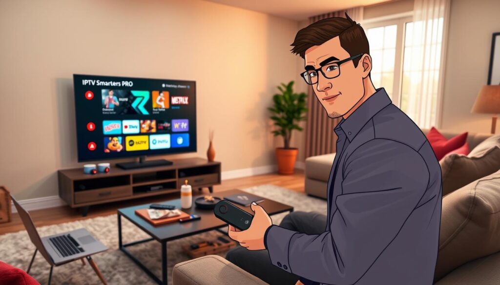 A modern living room setting featuring a sleek TV displaying the IPTV Smarters Pro interface, showcasing vibrant streaming options. In the foreground, a user, dressed in smart casual attire, is attentively setting up the IPTV Smarters Pro application on a Firestick remote. The middle ground includes a stylish coffee table with tech gadgets, a laptop, and snacks, while a warm glow from a nearby window softens the atmosphere. The background features a cozy couch and subtle decor elements, enhancing the inviting feel of the scene. The image is well-lit, focused on the user’s engaged expression, capturing the excitement of using IPTV technology. A wide-angle perspective creates a sense of openness and comfort in the room.