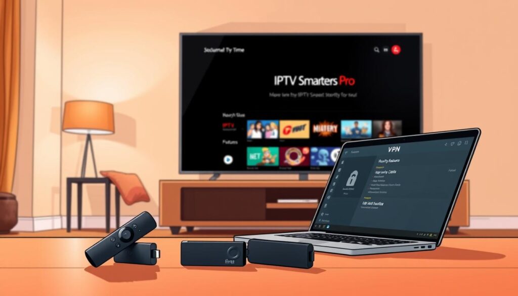 A modern living room setting featuring a sleek flat-screen television displaying the IPTV Smarters Pro interface. In the foreground, a Fire TV Stick is prominently positioned near the base of the TV, subtly indicating its connection. To the side, a laptop is open, showcasing a VPN application interface with security features highlighted. In the background, a cozy couch with a few colorful cushions and a soft throw invites a relaxed viewing atmosphere. Warm, ambient lighting creates a welcoming feel, while soft shadows add depth to the scene. The perspective is slightly angled to capture the elements dynamically, emphasizing both security and comfort in home entertainment. The overall mood is reassuring and tech-savvy, promoting a sense of safety while streaming.