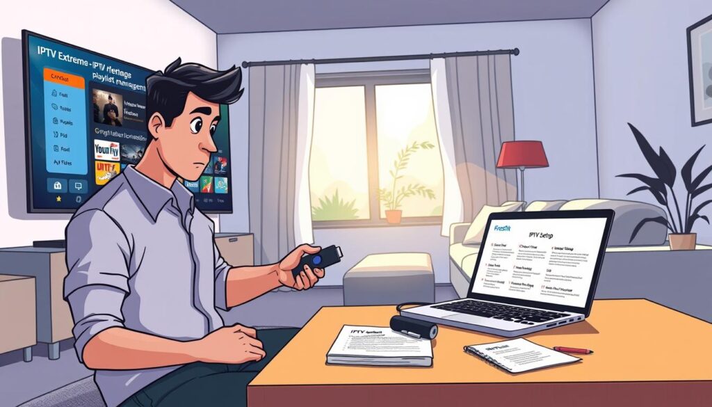 A modern living room setting featuring a sleek high-definition TV displaying the IPTV Extreme interface, showcasing playlist management options. In the foreground, a focused individual, dressed in smart casual attire, interacts with a Firestick remote, with an expression of concentration. The middle ground emphasizes an organized coffee table, displaying an open laptop with IPTV playlists on the screen and a notepad with notes about IPTV setup. Soft, warm lighting illuminates the space, creating a cozy atmosphere, while a bright window in the background lets in natural sunlight, highlighting a comfortable couch and some decorative plants. The overall mood is informative and engaging, reflecting a tech-savvy environment.