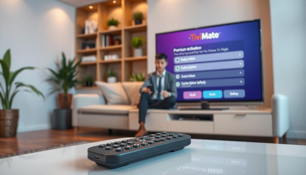 A modern living room setting featuring a sleek television displaying the TiviMate interface, highlighting the premium activation process. In the foreground, a remote control rests on a stylish coffee table with clear icons representing subscription settings. The middle ground showcases a comfortable sofa with a person dressed in casual business attire, actively engaged while using the remote to navigate the TiviMate menus. The background includes shelves with books and plants, creating a warm and inviting atmosphere. Soft, ambient lighting illuminates the space, enhancing the focus on the TV screen. The camera angle is slightly elevated, capturing the depth of the room and emphasizing the technology in use. Overall, the mood is professional yet relaxed, embodying a contemporary home entertainment experience.