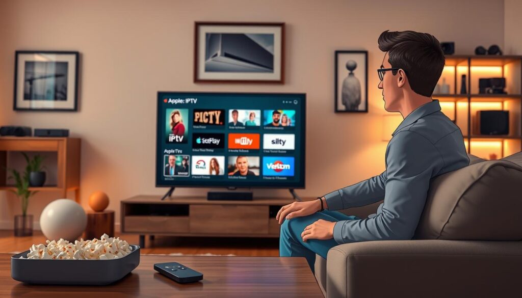 A modern living room setting featuring an Apple TV displaying various IPTV channels and on-demand video content. In the foreground, a stylish coffee table with a remote control and a bowl of popcorn, inviting a cozy atmosphere. The middle ground includes a comfortable sofa where a professional-looking adult casually dressed is interacting with the Apple TV interface, showcasing the installation process. The background features a softly lit wall with framed artwork and shelves displaying tech gadgets, creating a sleek and inviting ambiance. The warm lighting highlights the details of the room, enhancing the overall inviting mood. Capture this scene at a slight angle, focusing on the interaction with IPTV, emphasizing ease of use and technology integration.
