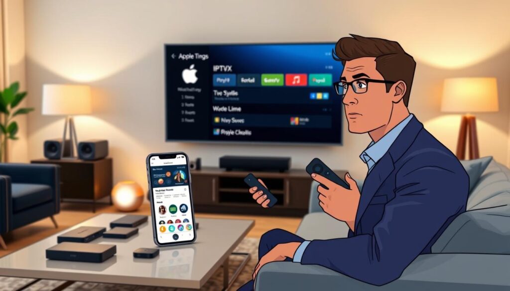 A modern living room setting with a stylish Apple TV mounted on the wall, displaying the IPTVX app interface on the screen. In the foreground, a professional, neatly dressed person (in a business casual outfit) is sitting on a comfortable sofa, holding the Apple remote, with a look of concentration as they navigate the settings. The middle layer features a sleek coffee table with tech gadgets and a smartphone showing the IPTVX app. The background showcases a cozy ambiance with soft lighting from stylish lamps, emphasizing a welcoming atmosphere. The scene is well-composed with a shallow depth of field, soft focus on the background, capturing a moment of installation guidance.