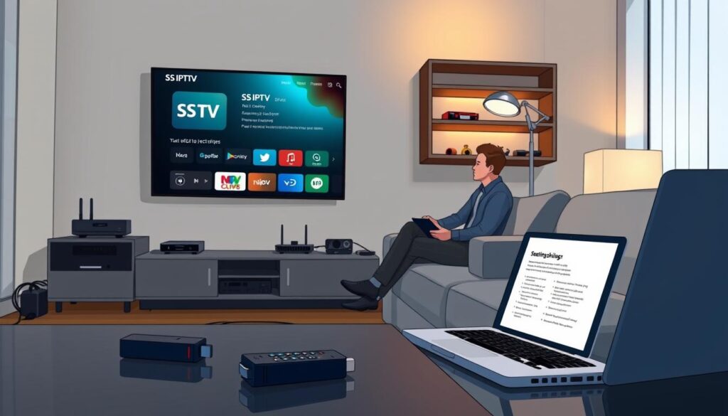 A modern living room setup showcasing a television streaming SS IPTV on a Firestick. In the foreground, include a sleek coffee table with a remote control, and an open laptop displaying a troubleshooting guide. The middle layer features a comfortable sofa with a person dressed in smart casual clothing, focused on optimizing IPTV settings while surrounded by technical equipment like cables and a router. The background reveals a softly lit room with warm lighting, creating a cozy and inviting atmosphere. The angle should be a slightly tilted side view, emphasizing the interaction with technology, while the overall mood conveys a sense of efficiency and resolution in tackling digital issues.