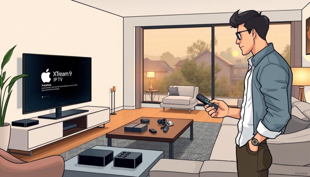A modern living room showcasing an Apple TV on a sleek entertainment unit, with a focus on the TV screen displaying the installation interface of the Xtream9 IPTV application. In the foreground, a person dressed in casual, professional clothing is using a remote control, looking engaged and focused on the installation process. The middle ground features a stylish coffee table with tech gadgets and a cozy ambiance, while the background highlights soft, warm lighting from lamps and a window with a view of a peaceful neighborhood. The overall atmosphere is inviting and tech-savvy, capturing the ease and enjoyment of setting up the IPTV application on Apple TV.