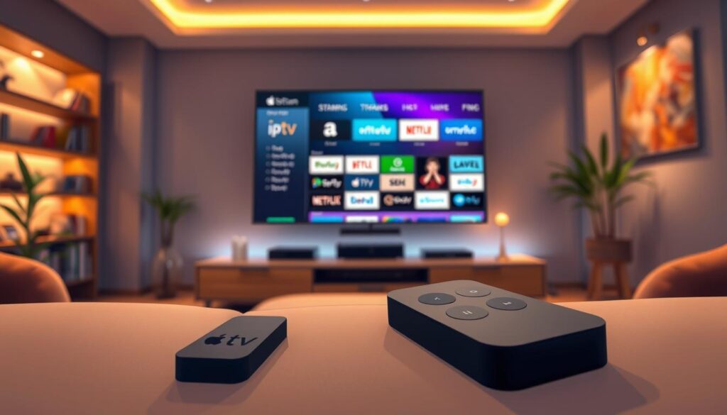 A modern living room with a sleek Apple TV prominently displayed on a stylish entertainment center. In the foreground, a remote control lay on a plush sofa, symbolizing user interaction with IPTV services. The middle scene features a vibrant screen showcasing various IPTV channel options and streaming service logos, illuminated by soft ambient lighting that creates a warm atmosphere. In the background, a cozy and inviting environment with soft-focused details like bookshelves, plants, and illuminated wall art. The perspective is slightly angled to emphasize the Apple TV and its interface, capturing the essence of modern home entertainment. The overall mood is welcoming and tech-savvy, ideal for viewers exploring IPTV subscriptions and integration. A modern living room with a sleek Apple TV prominently displayed on a stylish entertainment center. In the foreground, a remote control lay on a plush sofa, symbolizing user interaction with IPTV services. The middle scene features a vibrant screen showcasing various IPTV channel options and streaming service logos, illuminated by soft ambient lighting that creates a warm atmosphere. In the background, a cozy and inviting environment with soft-focused details like bookshelves, plants, and illuminated wall art. The perspective is slightly angled to emphasize the Apple TV and its interface, capturing the essence of modern home entertainment. The overall mood is welcoming and tech-savvy, ideal for viewers exploring IPTV subscriptions and integration.