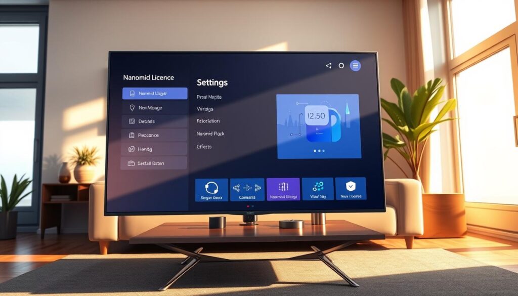 A modern, sleek Samsung Smart TV displaying the Nanomid Player interface in a well-lit living room setting. In the foreground, focus on the TV screen, showing detailed options for "Nanomid License" and "Settings", with user-friendly graphics and icons. The middle layer features a stylish coffee table adorned with a remote control and a few decorative items, while the background includes a cozy sofa and large windows allowing soft natural light to illuminate the scene. A warm and inviting atmosphere is enhanced by subtle shadows and reflections on the TV screen. The angle is slightly tilted to capture both the screen's content and the overall room ambiance, conveying a sense of modern technology blended with home comfort.