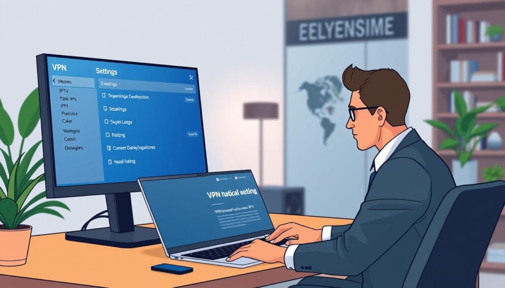 A modern, sleek home office setting featuring a stylish desktop setup with a digital screen showcasing a VPN interface and IPTV streaming options. In the foreground, a person in professional business attire sits at the desk, focused on the screen while adjusting settings. The middle section reveals a laptop open next to the desktop, displaying a tactical guide for installing and using VPNs with IPTV services. The background includes soft, ambient lighting with plants and bookshelves, creating a calm and focused atmosphere. The scene is captured with a shallow depth of field, emphasizing the person and technology while softly blurring the background details. The overall mood is professional and tech-savvy, highlighting the importance of VPN security in streaming.